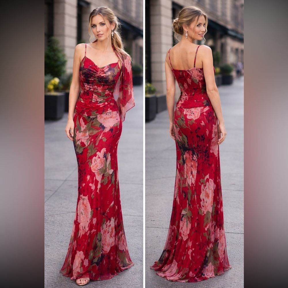 Adrianna Papell beaded silk chiffon 3 piece long dress